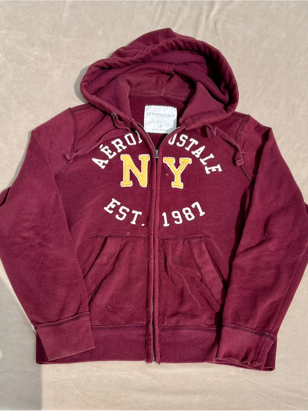 Aeropostale Maroon Zip Hoodie with Yellow NY Applique